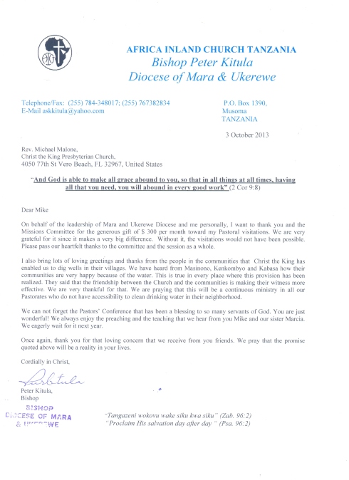 Thank You Letter from Bishop Peter Kitula